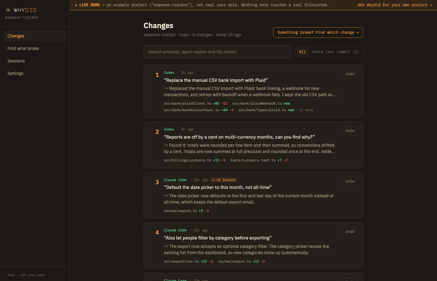 whydid Changes page: numbered changes from Codex and Claude Code with prompts, replies, files and an Undo button on each