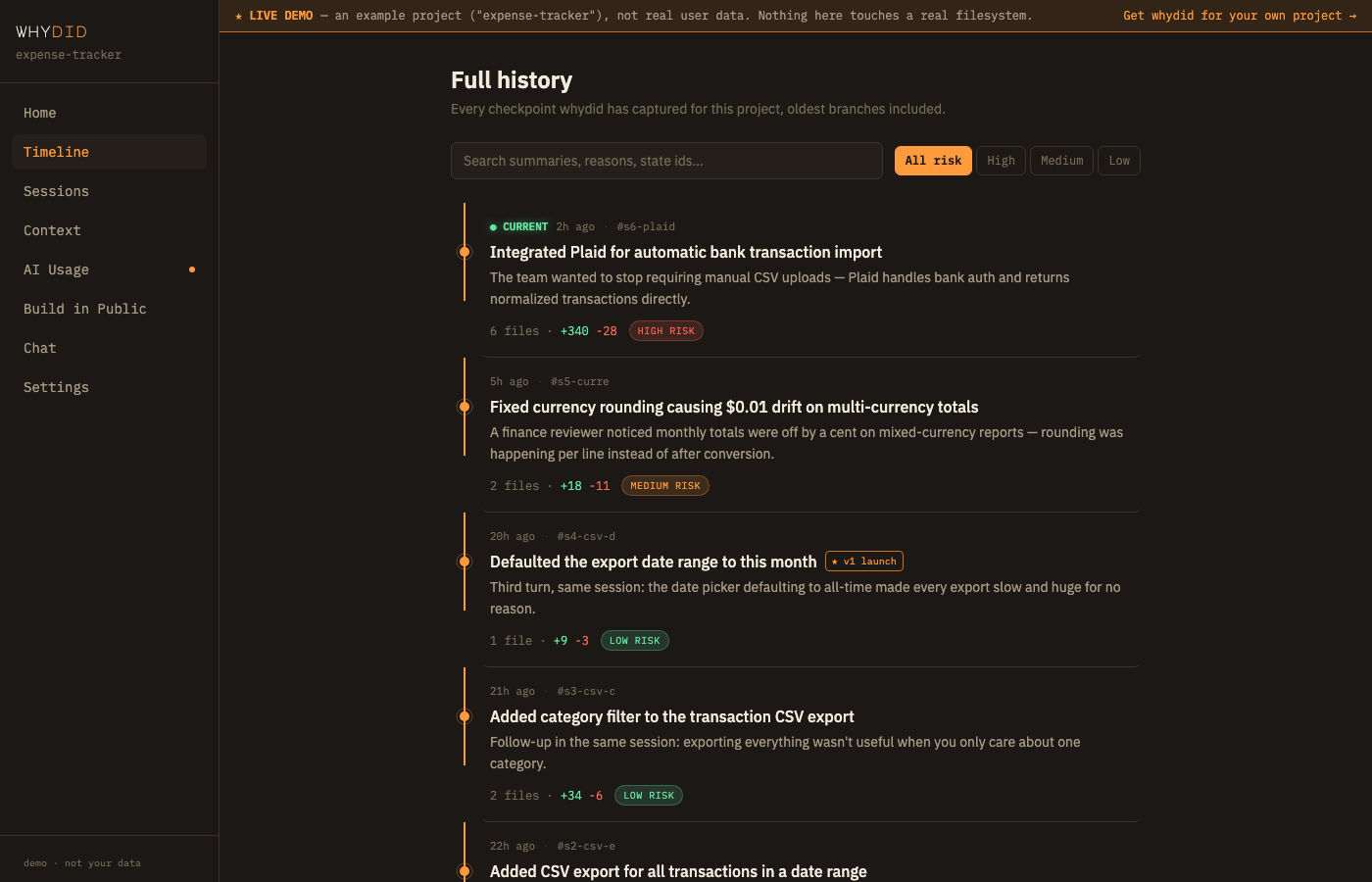 whydid's Timeline view showing a real branching checkpoint history with AI-written summaries, risk levels, and diff stats